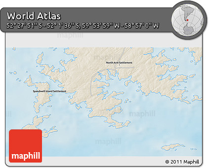 Shaded Relief 3D Map of the Area around 52° 14' 43" S, 59° 25' 29" W