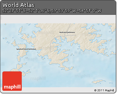 Shaded Relief 3D Map of the Area around 52° 14' 43" S, 59° 25' 29" W