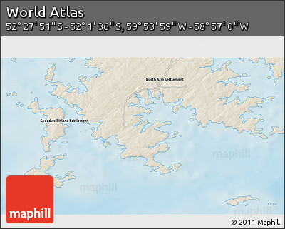 Shaded Relief 3D Map of the Area around 52° 14' 43" S, 59° 25' 29" W