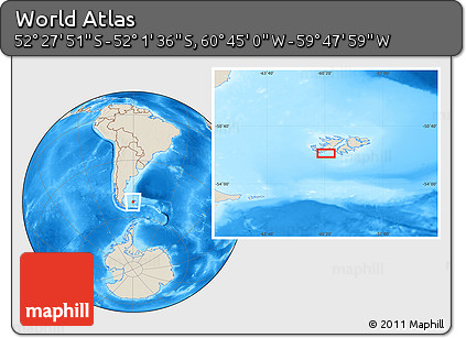 Shaded Relief Location Map of the Area around 52° 14' 43" S, 60° 16' 29" W