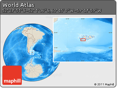 Shaded Relief Location Map of the Area around 52° 14' 43" S, 60° 16' 29" W