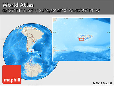 Shaded Relief Location Map of the Area around 52° 14' 43" S, 60° 16' 29" W