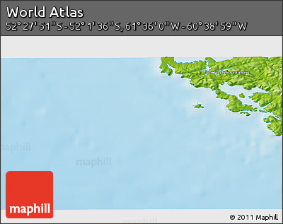 Physical 3D Map of the Area around 52° 14' 43" S, 61° 7' 30" W