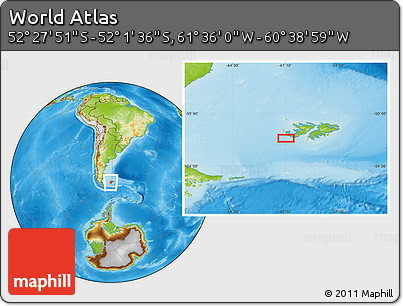 Physical Location Map of the Area around 52° 14' 43" S, 61° 7' 30" W