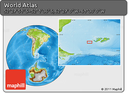 Physical Location Map of the Area around 52° 14' 43" S, 61° 58' 30" W
