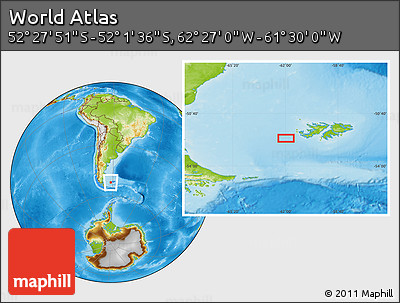 Physical Location Map of the Area around 52° 14' 43" S, 61° 58' 30" W