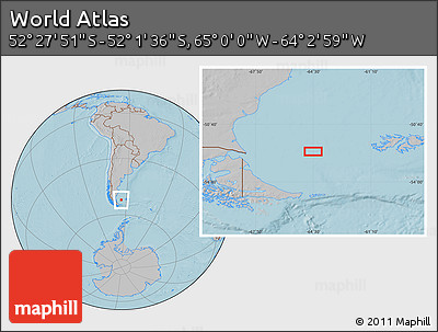 Gray Location Map of the Area around 52° 14' 43" S, 64° 31' 30" W, hill shading