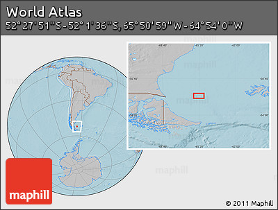 Gray Location Map of the Area around 52° 14' 43" S, 65° 22' 30" W, hill shading