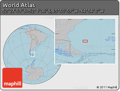 Gray Location Map of the Area around 52° 14' 43" S, 65° 22' 30" W, hill shading