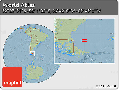 Savanna Style Location Map of the Area around 52° 14' 43" S, 66° 13' 29" W, hill shading