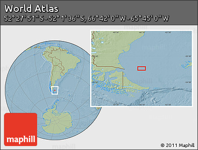 Savanna Style Location Map of the Area around 52° 14' 43" S, 66° 13' 29" W, hill shading