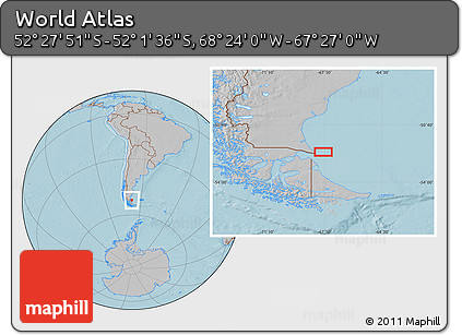 Gray Location Map of the Area around 52° 14' 43" S, 67° 55' 30" W, hill shading
