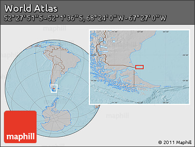 Gray Location Map of the Area around 52° 14' 43" S, 67° 55' 30" W, hill shading