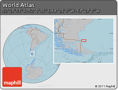 Gray Location Map of the Area around 52° 14' 43" S, 67° 55' 30" W, hill shading