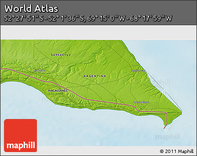 Physical 3D Map of the Area around 52° 14' 43" S, 68° 46' 30" W