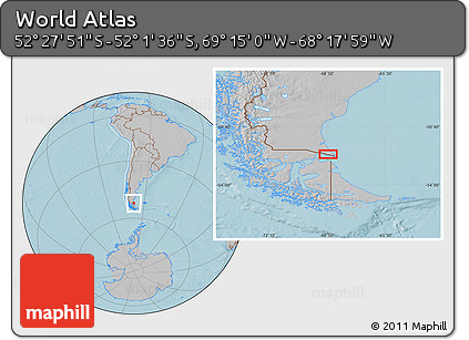 Gray Location Map of the Area around 52° 14' 43" S, 68° 46' 30" W, hill shading