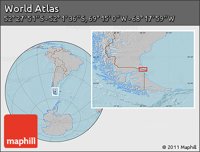 Gray Location Map of the Area around 52° 14' 43" S, 68° 46' 30" W, hill shading