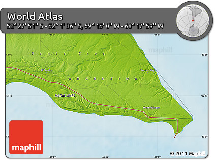 Physical Map of the Area around 52° 14' 43" S, 68° 46' 30" W