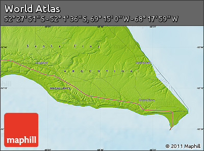 Physical Map of the Area around 52° 14' 43" S, 68° 46' 30" W