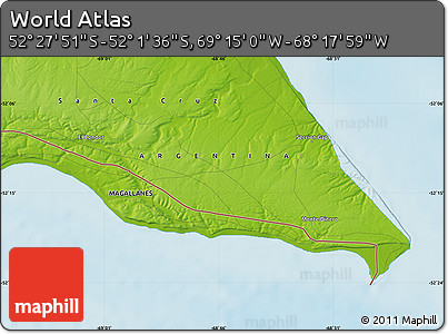 Physical Map of the Area around 52° 14' 43" S, 68° 46' 30" W