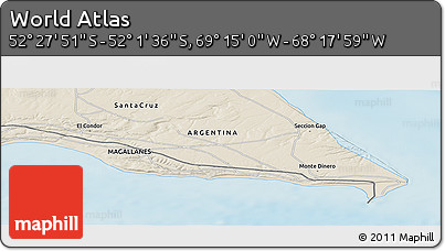 Shaded Relief Panoramic Map of the Area around 52° 14' 43" S, 68° 46' 30" W