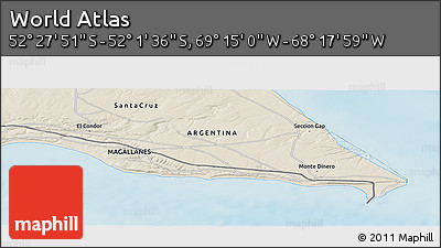 Shaded Relief Panoramic Map of the Area around 52° 14' 43" S, 68° 46' 30" W