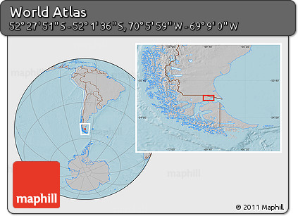 Gray Location Map of the Area around 52° 14' 43" S, 69° 37' 30" W, hill shading