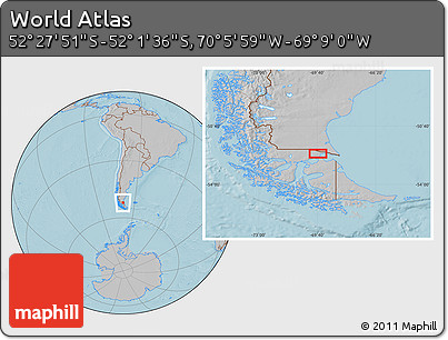 Gray Location Map of the Area around 52° 14' 43" S, 69° 37' 30" W, hill shading