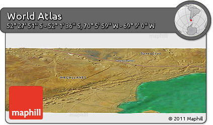 Satellite Panoramic Map of the Area around 52° 14' 43" S, 69° 37' 30" W