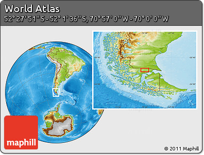 Physical Location Map of the Area around 52° 14' 43" S, 70° 28' 29" W
