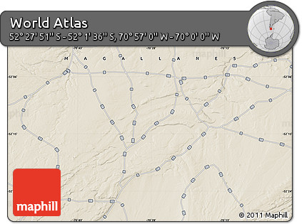 Shaded Relief Map of the Area around 52° 14' 43" S, 70° 28' 29" W