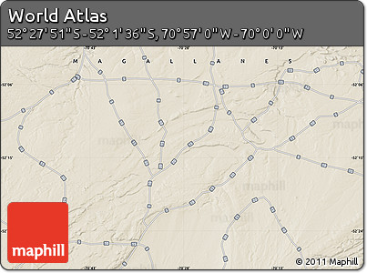 Shaded Relief Map of the Area around 52° 14' 43" S, 70° 28' 29" W