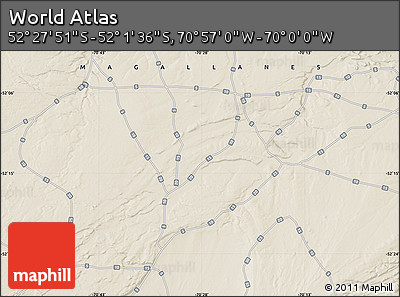 Shaded Relief Map of the Area around 52° 14' 43" S, 70° 28' 29" W