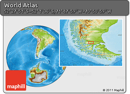 Physical Location Map of the Area around 52° 14' 43" S, 71° 19' 29" W