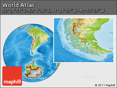 Physical Location Map of the Area around 52° 14' 43" S, 71° 19' 29" W