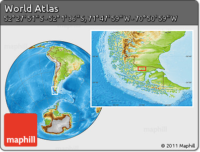 Physical Location Map of the Area around 52° 14' 43" S, 71° 19' 29" W