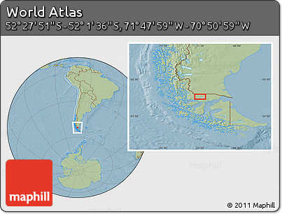 Savanna Style Location Map of the Area around 52° 14' 43" S, 71° 19' 29" W, hill shading