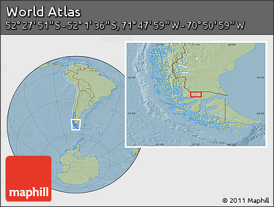 Savanna Style Location Map of the Area around 52° 14' 43" S, 71° 19' 29" W, hill shading