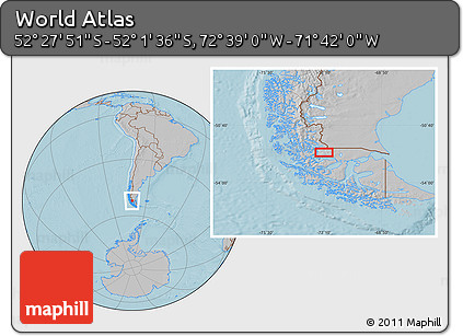 Gray Location Map of the Area around 52° 14' 43" S, 72° 10' 30" W, hill shading