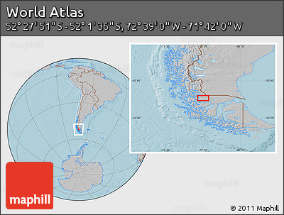 Gray Location Map of the Area around 52° 14' 43" S, 72° 10' 30" W, hill shading