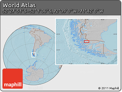 Gray Location Map of the Area around 52° 14' 43" S, 72° 10' 30" W, hill shading