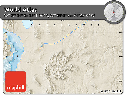 Shaded Relief Map of the Area around 52° 14' 43" S, 72° 10' 30" W