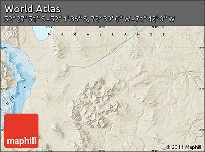 Shaded Relief Map of the Area around 52° 14' 43" S, 72° 10' 30" W