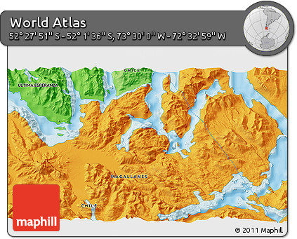 Political 3D Map of the Area around 52° 14' 43" S, 73° 1' 30" W