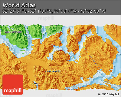Political 3D Map of the Area around 52° 14' 43" S, 73° 1' 30" W
