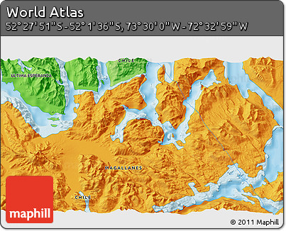 Political 3D Map of the Area around 52° 14' 43" S, 73° 1' 30" W