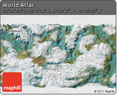 Satellite 3D Map of the Area around 52° 14' 43" S, 73° 1' 30" W