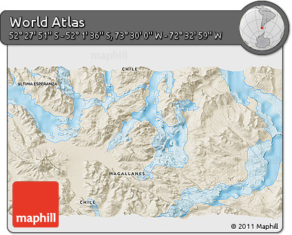 Shaded Relief 3D Map of the Area around 52° 14' 43" S, 73° 1' 30" W