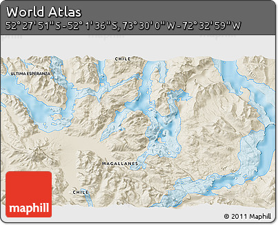 Shaded Relief 3D Map of the Area around 52° 14' 43" S, 73° 1' 30" W