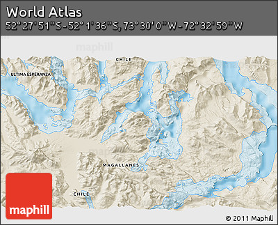 Shaded Relief 3D Map of the Area around 52° 14' 43" S, 73° 1' 30" W